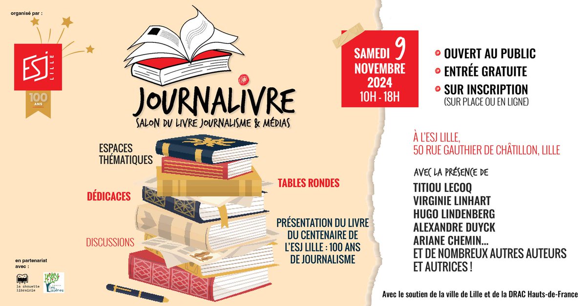 📣À l'occasion de leur #100ans l' <a href="/ESJLille/">ESJ Lille</a> organise le 9 novembre 2 événements ouverts au grand public !

🎲Un jeu immersif organisé dans la #MEL :fcld.ly/bso4x0p 
📚️#Journalivre, un salon du livre sur la thématique du journalisme et des médias:fcld.ly/8ozb1em