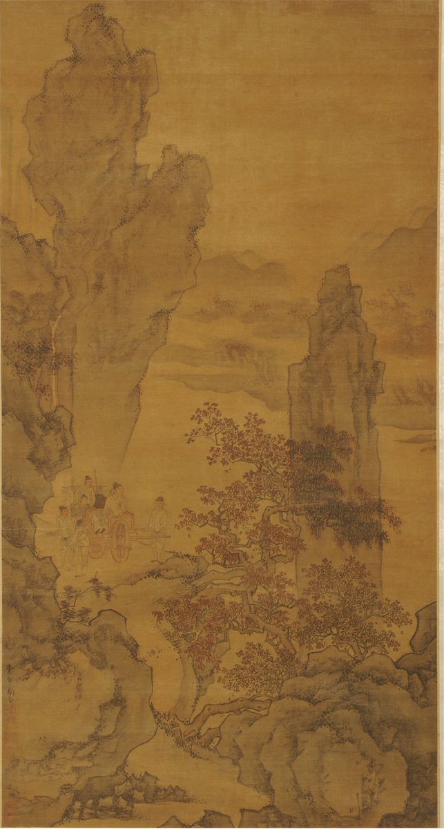 MuseumsChina's tweet photo. 🍁Autumn has arrived and the maple leaves are turning stunningly red.🍁 This beautiful painting by Ming Dynasty (1368-1644) artist Zhou Chen (1460-1535) vividly captures the spirit of Tang Dynasty (618-907) poet Du Mu’s poem about autumn. In Zhou’s illustration, travelers pause in awe at a majestic maple tree, spellbound by the vibrant scenery. 

🍂Can you feel the intense autumn atmosphere through this painting from the collection of #Jinan City Museum? What’s your favorite part of autumn? Share in the comments below! #MuseumTreasures #ArtifactInspiration