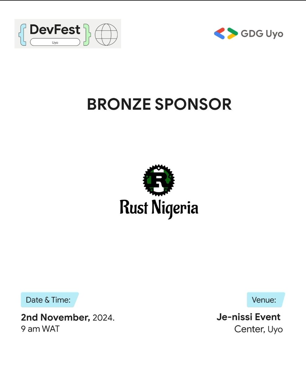 GDG Uyo - #DevFestUyo2024 (@gdg_uyo) on Twitter photo #DevFestUyo SPONSOR SPOTLIGHT❗
We're honored to announce <a href="/RustNigeria/">Rustaceans Nigeria</a> as our bronze sponsor for #DevFestUyo
<a href="/RustNigeria/">Rustaceans Nigeria</a> is a community of developers, crafting secure & reliable software with Rust. They are giving ONE-MONTH RUST TRAINING SCHOLARSHIP to #DevFestUyo attendees!🥳 #DevFestUyo SPONSOR SPOTLIGHT❗
We're honored to announce <a href="/RustNigeria/">Rustaceans Nigeria</a> as our bronze sponsor for #DevFestUyo
<a href="/RustNigeria/">Rustaceans Nigeria</a> is a community of developers, crafting secure & reliable software with Rust. They are giving ONE-MONTH RUST TRAINING SCHOLARSHIP to #DevFestUyo attendees!🥳