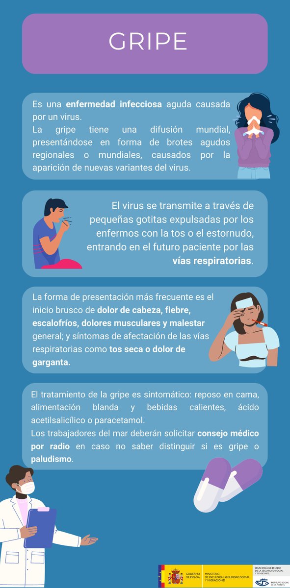 ISMrevistaMar's tweet photo. La #gripe🤒está considerada como una enfermedad benigna, pero en ocasiones puede complicarse. En nuestra guía encontrarás sus causas, síntomas y tratamiento. 🖱️👇https://t.co/wgUHXoiRdr.
Como #trabajadordelmar es conveniente vacunarte💉 si aún no lo has hecho.
#ISM #Saludenelmar https://t.co/fcSRSGZE5L