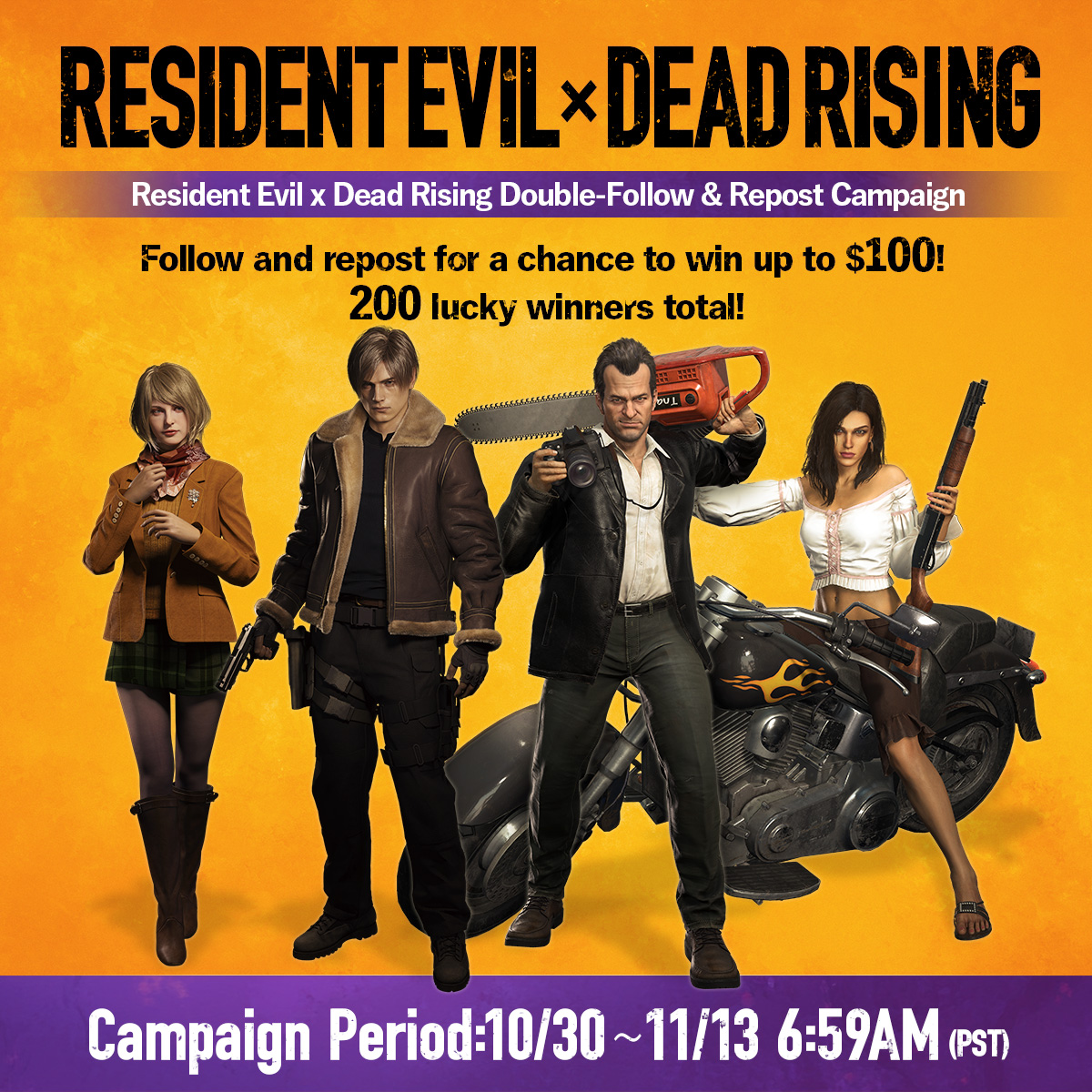 REBHPortal's tweet photo. Resident Evil x Dead Rising Campaign
Day 13

Follow both accounts and repost the campaign post
and somebody familiar will come and see you in your replies!

To participate:
1) Follow @REBHPortal and @DeadRising
2) Repost this post by 11/12 18:59 PM
3) See your results instantly!