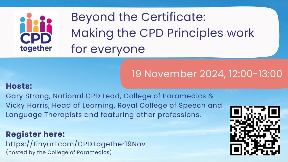 BIOS_Orthoptics's tweet photo. Work in health or social care as a practitioner, employer, or decision-maker? CPD is your business.

Learn about the Principles of CPD &amp; lifelong learning &amp; how to use them to support CPD in this webinar hosted by @ParamedicsUK, 19 Nov 12-1pm

https://t.co/fxAqXwh7Wl #CPDTogether https://t.co/Z8wgqprAxr