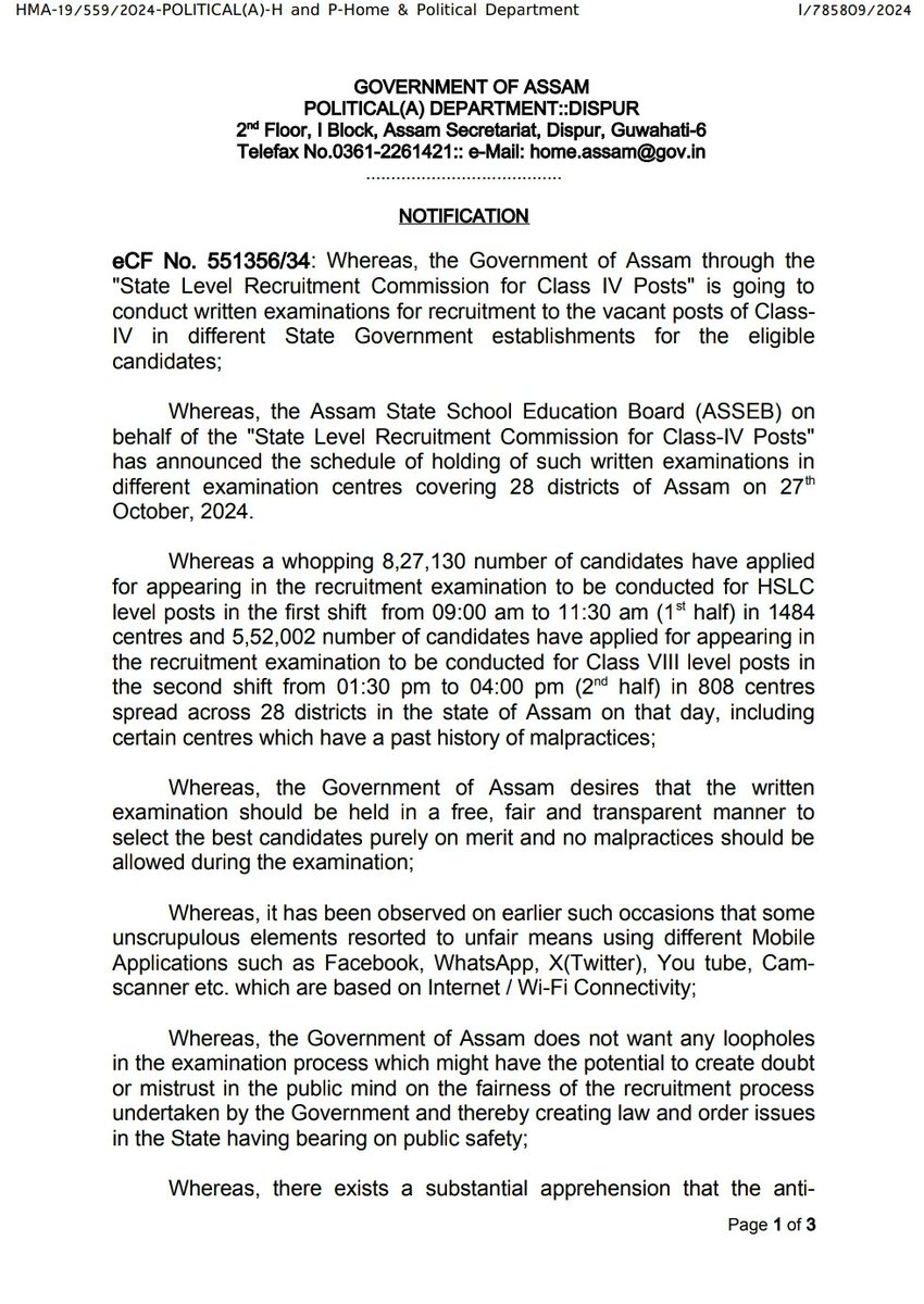 NetShutdowns's tweet photo. #InternetShutdown #Assam #CheatingInExams
The Assam government suspended Internet services across the state on October 27, 2024 from 8.30 a.m. to 4.00 p.m for conducting free and fair examinations.
1/2
#LetTheNetWork #KeepItOn #assamnews #InternetBan #Exams #internetdown https://t.co/M0rKnRzX58