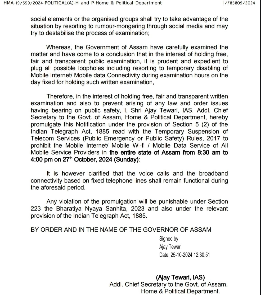 NetShutdowns's tweet photo. #InternetShutdown #Assam #CheatingInExams
The Assam government suspended Internet services across the state on October 27, 2024 from 8.30 a.m. to 4.00 p.m for conducting free and fair examinations.
1/2
#LetTheNetWork #KeepItOn #assamnews #InternetBan #Exams #internetdown https://t.co/M0rKnRzX58