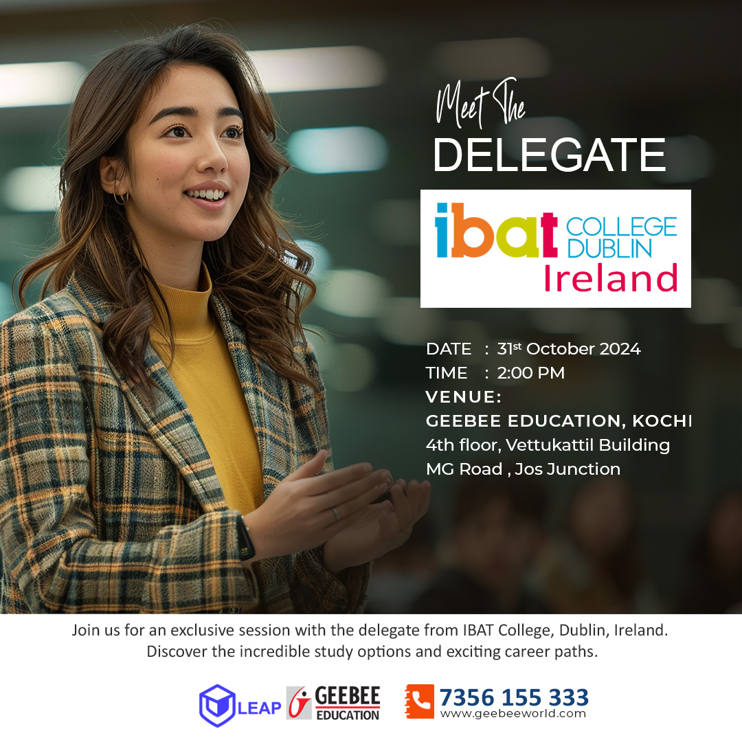 mandgworld's tweet photo. 🇮🇪Meet the Delegate from IBAT College Dublin, Ireland!
📅 Date: 31st October 2024
🕑 Time: 2:00 PM
📍 Venue: GeeBee Education, Kochi
4th floor, Vettukattil Building, MG Road, Jos Junction
📞 For more details, call us at: 7356 155 333
#StudyInIreland #IBATCollege #MeetTheDelegate https://t.co/HRx6VJqXHZ