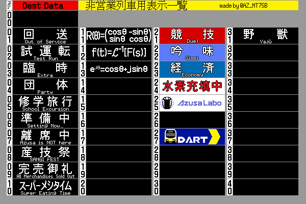 AZ_MT75B's tweet photo. 【非営業列車用表示一覧】
産技祭2024時点での表示データ一覧です。今後のイベントに向けて徐々に表示データは増やしていくつもりです。何卒。
#AzusaLabo https://t.co/BrN9sdw5ti