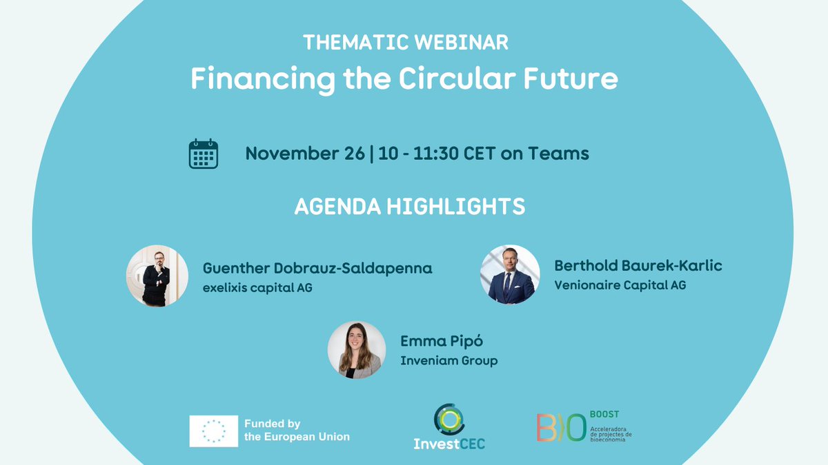 Greenovate! Europe (@greenovateeu) on Twitter photo 📣Are you curious about financial barriers within the #circulareconomy and strategies to overcome them, based on insights from <a href="/Venionaire/">Venionaire</a> Capital AG, <a href="/bio_boost/">BioBoost</a> Project & exelixis capital AG?
Join the <a href="/InvestCEC/">InvestCEC project 🇪🇺</a> webinar on Tuesday 26 November!
Register✅docs.google.com/forms/d/e/1FAI… 📣Are you curious about financial barriers within the #circulareconomy and strategies to overcome them, based on insights from <a href="/Venionaire/">Venionaire</a> Capital AG, <a href="/bio_boost/">BioBoost</a> Project & exelixis capital AG?
Join the <a href="/InvestCEC/">InvestCEC project 🇪🇺</a> webinar on Tuesday 26 November!
Register✅docs.google.com/forms/d/e/1FAI…
