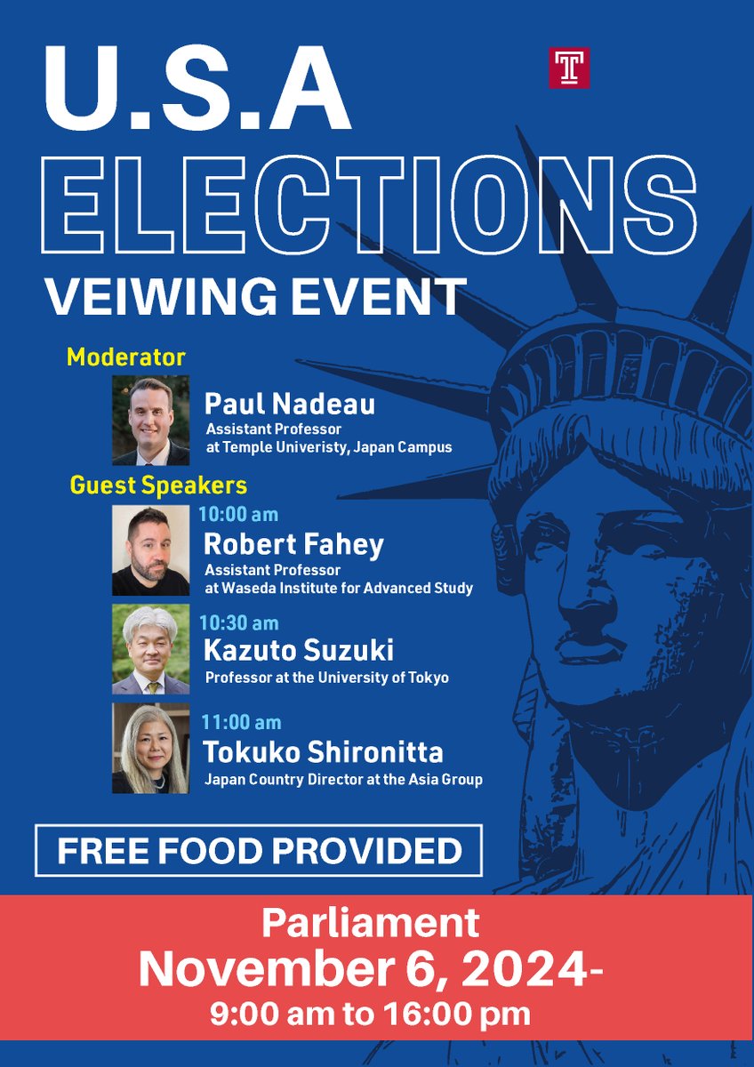 Breaking my Twitter silence to share that I'll be hosting Temple University Japan's Election Day Watch Party next week with free donuts, unlimited coffee, and expert guests: