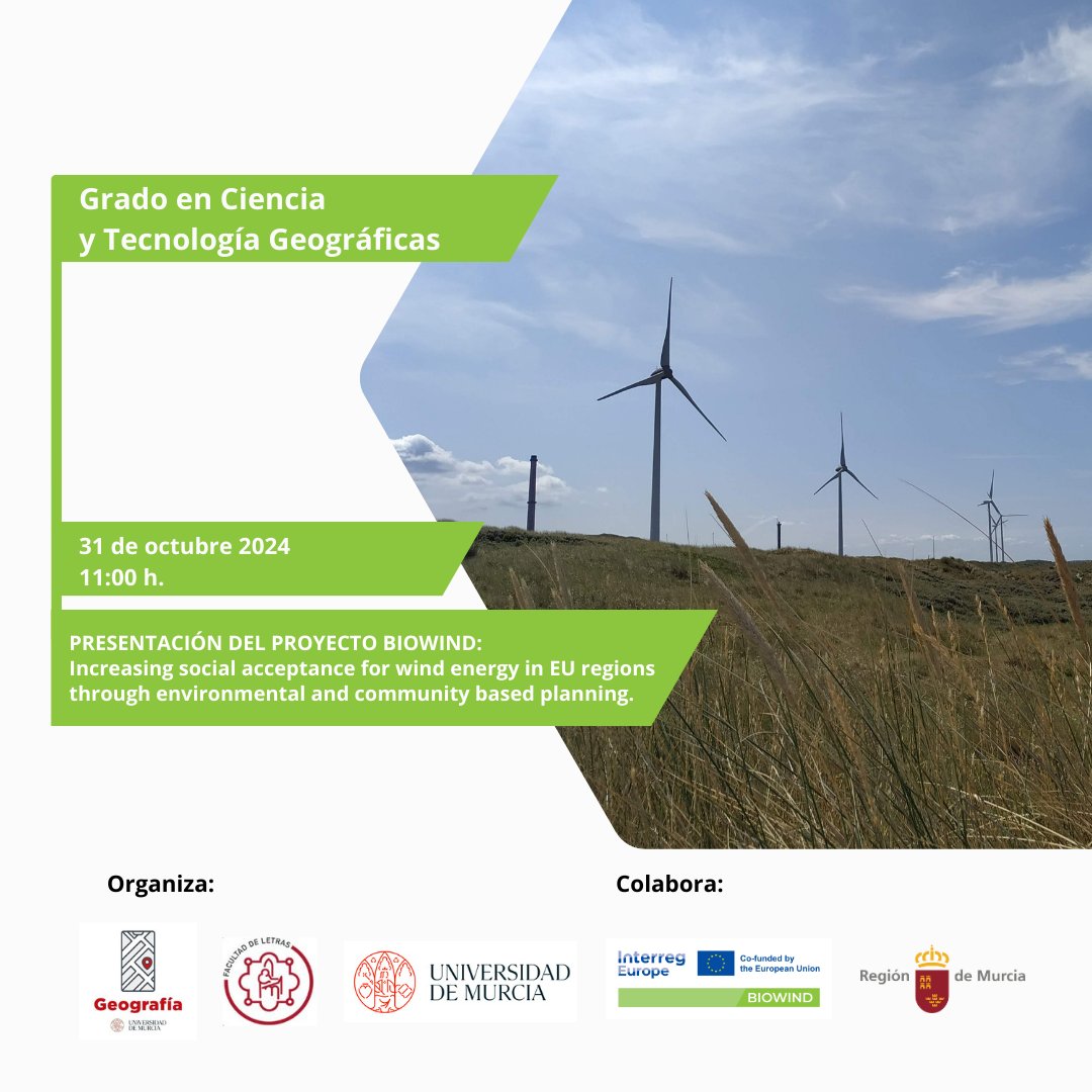 EspNaturalesMur's tweet photo. El jueves 31 de octubre se presentará el proyecto #BIOWIND a los estudiantes del Grado Ciencia y Tecnología Geográficas en la @UMU
#EnergíaRenovable #Conservación @interregeurope https://t.co/vNoEoHU7lI