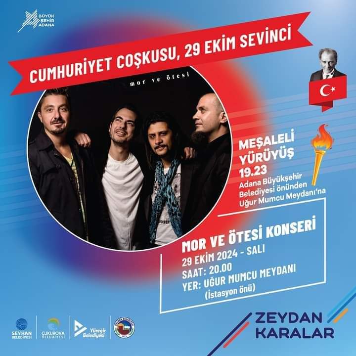 29 Ekim Cumhuriyet Bayramı’mızda bayraklarla ve meşalelerle yürüyüp, Mor ve Ötesi konseri ile “Cumhuriyet” coşkusunu hep birlikte yaşayalım.
🇹🇷 Meşaleli Yürüyüş
🕢 19.23
📍 Adana Büyükşehir Belediyesi önünden Uğur Mumcu Meydanı
🎶 Mor ve Ötesi Konseri
📍 Uğur Mumcu Meydanı