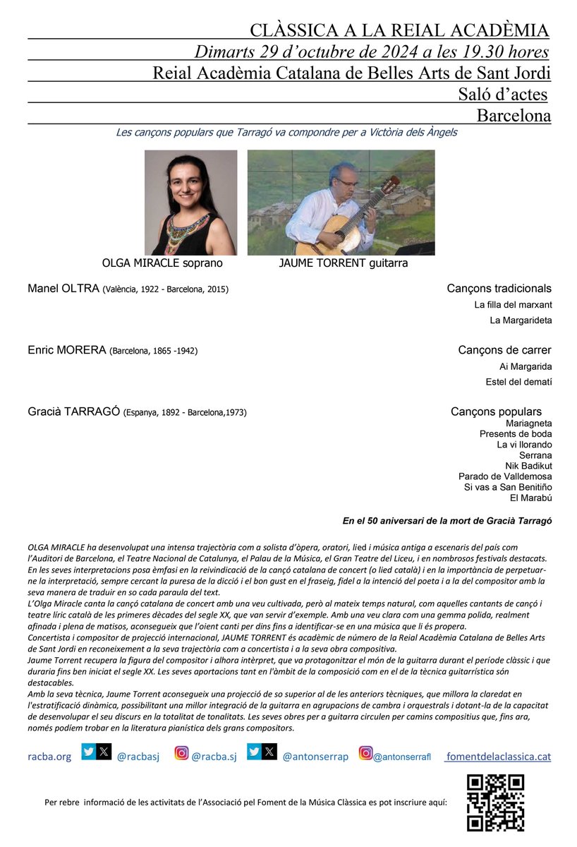 🎼Clàssica a la Reial Acadèmia. 
Avui "Les cançons populars que Tarragó va compondre per a Victòria dels Àngels" amb Olga Miracle (soprano) i, l'acadèmic numerari de la #RACBASJ, Jaume Torrent a la guitarra.
Us esperem!