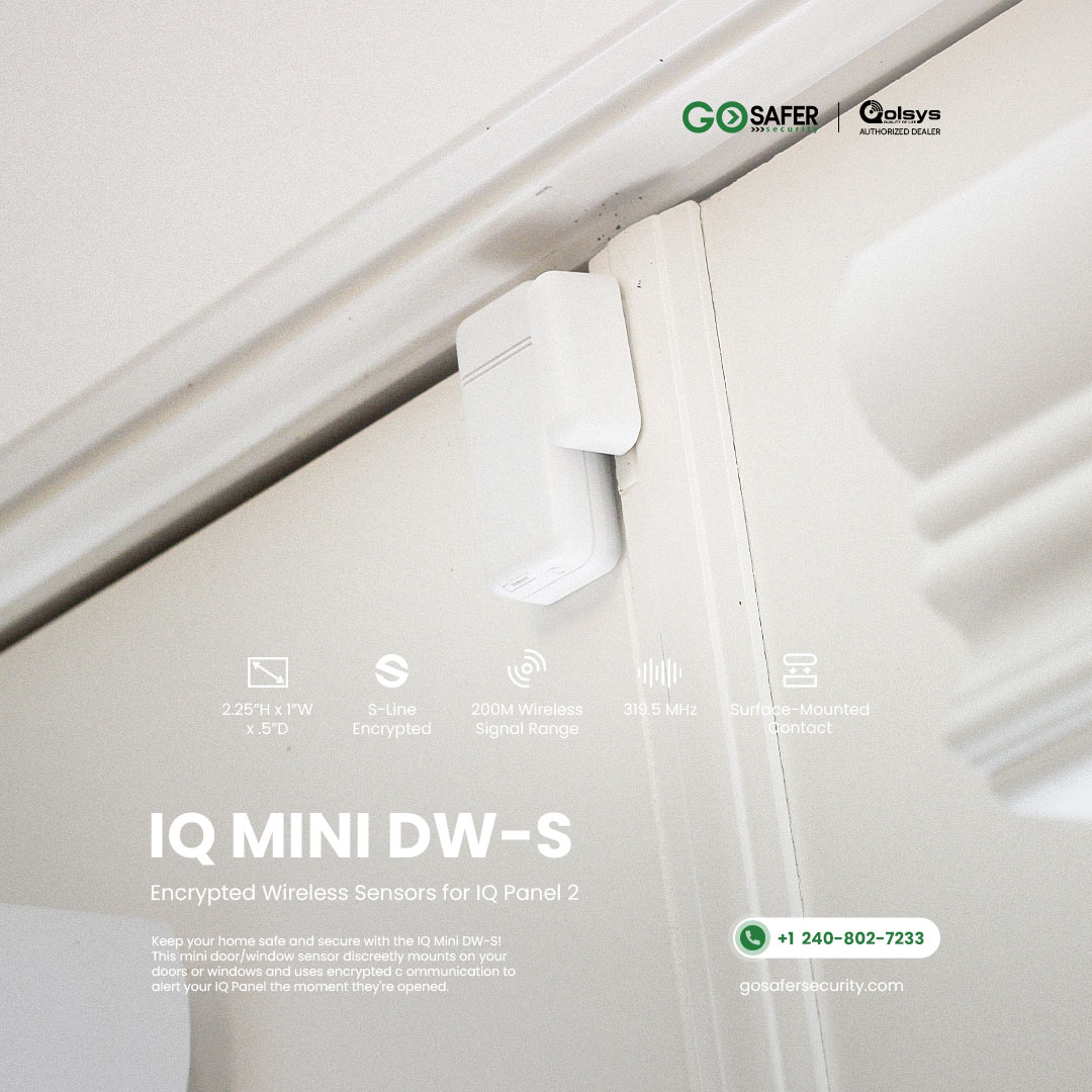 gosafer's tweet image. Keep your home safe and secure with the IQ Mini DW-S! This mini door/window sensor discreetly mounts on your doors or windows and uses encrypted communication to alert your IQ Panel the moment they&apos;re opened. #SmartSecurity #DoorSensor #GoSaferSecurity