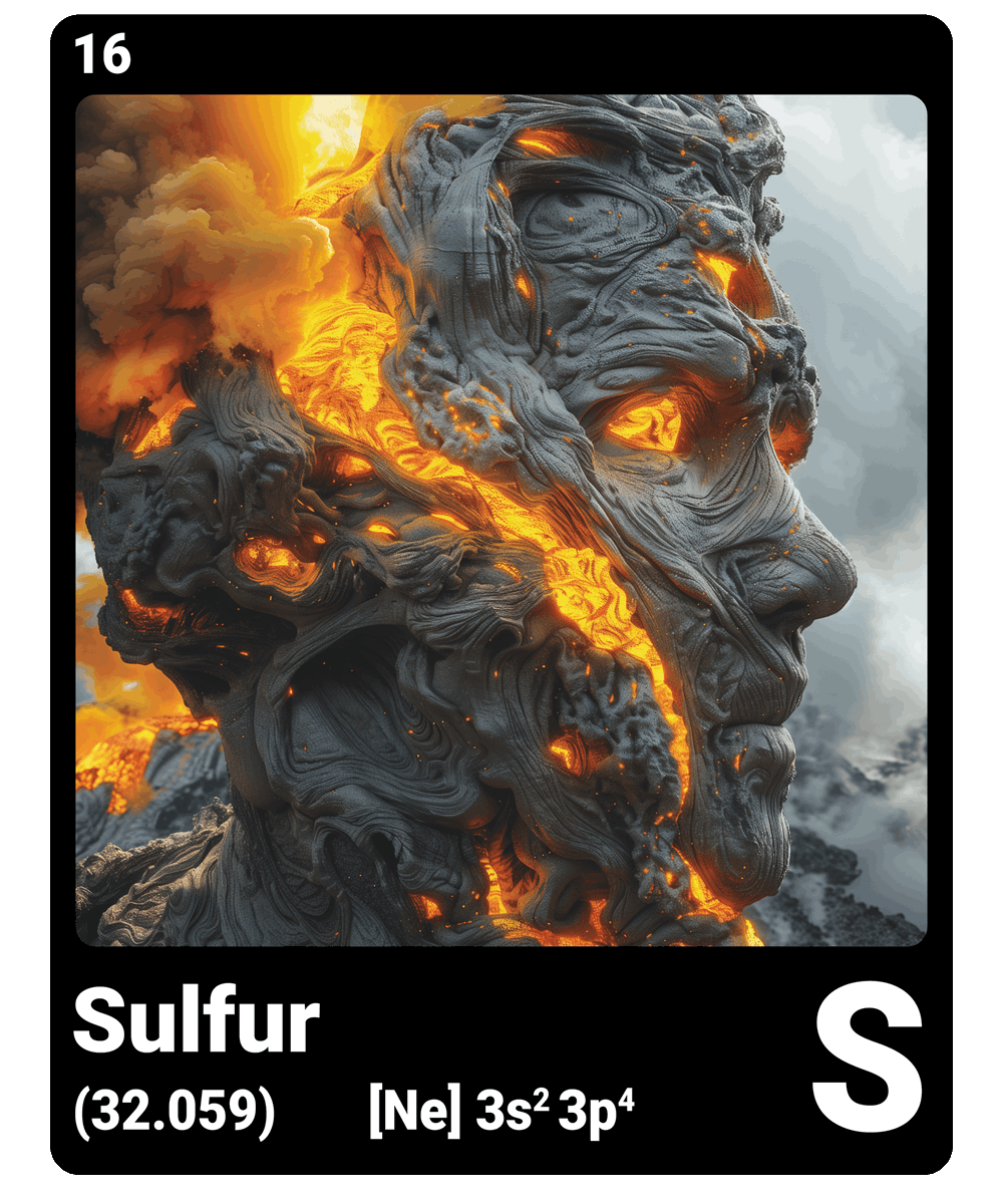 br_AI_king's tweet image. This is what it looks like when AI gives the chemical element #sulfur a face - find all #ChemicalElement in the bio #ScienceArt