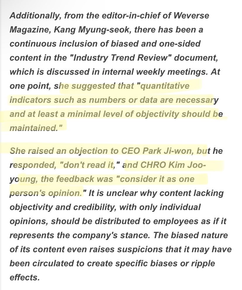 so the report which lacked credibility and objectivity was discussed at weekly meetings and distributed to ceos/employees.
when the problematic nature of it raised the suspicion that it may have been circulated to CREATE SPECIFIC BIASES hybe said “stfu consider it as an opinion”