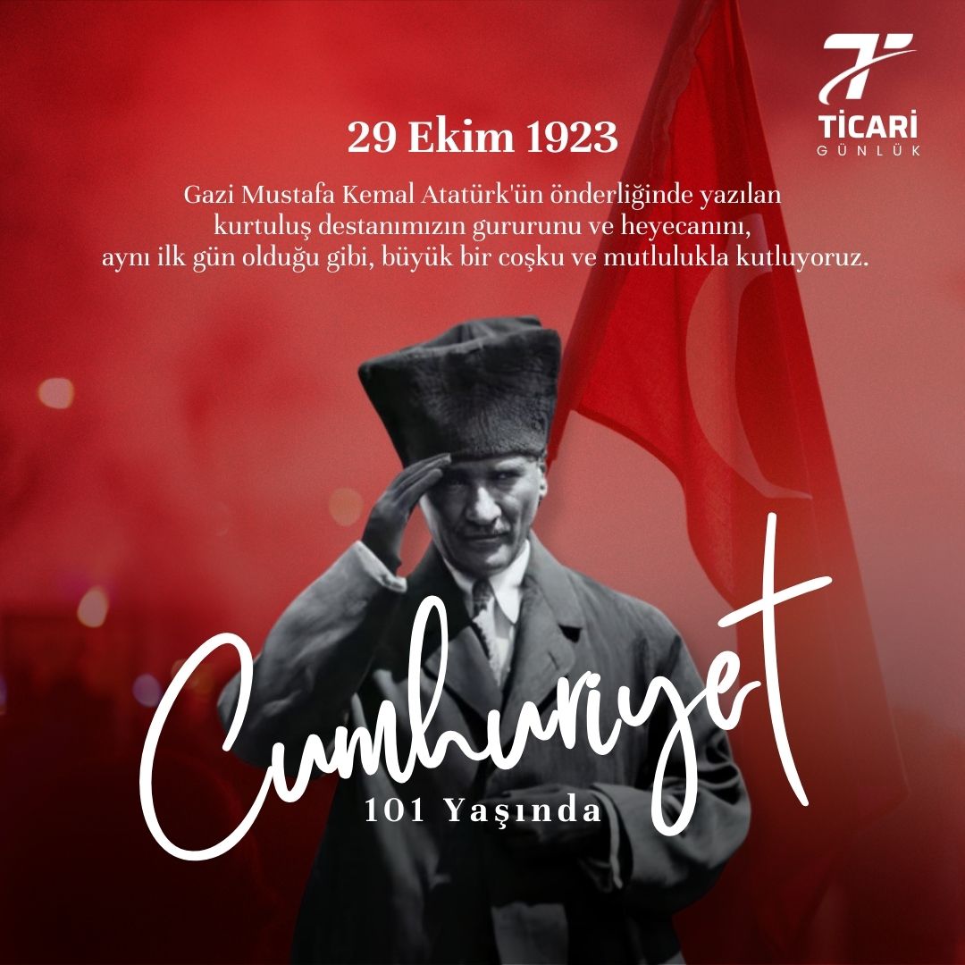 ticarigunluk's tweet photo. Atatürk’ün bizlere mirası olan #Cumhuriyet’i, 101 yıldır aynı gurur ve heyecanla kutluyoruz! Bu özel günde, Cumhuriyet’in kurucusu Gazi Mustafa Kemal #Atatürk ve silah arkadaşlarını saygı ve minnetle anıyoruz. 🇹🇷

#OnunEseri #29EkimCumhuriyetBayramı #AsBayraklarıAs #101Yaşında https://t.co/dYayhBb3tx