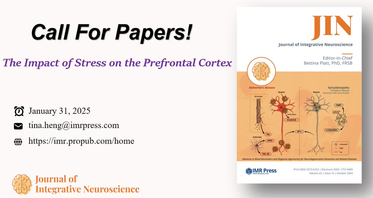 elaineoh7's tweet photo. 📢Call for papers for research topic 'The Impact of Stress on the Prefrontal Cortex'
📷Submit Here: https://t.co/7bOvb4wd7P
✉️Contact: tina.heng@imrpress.com
#neuroscience #stress #Prefrontal Cortex #open acess https://t.co/VJ30ATgFyS