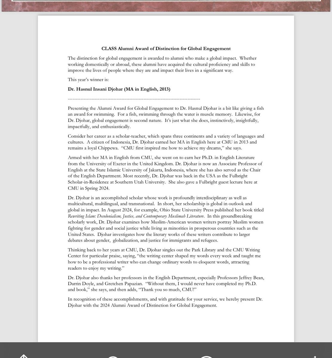 HasnulDjohar's tweet photo. Alhamdulillah, Many thanks CMU for awarding me: 
2024 Alumni Award of Distinction for Global Engagement https://t.co/zGgcxGfoCn