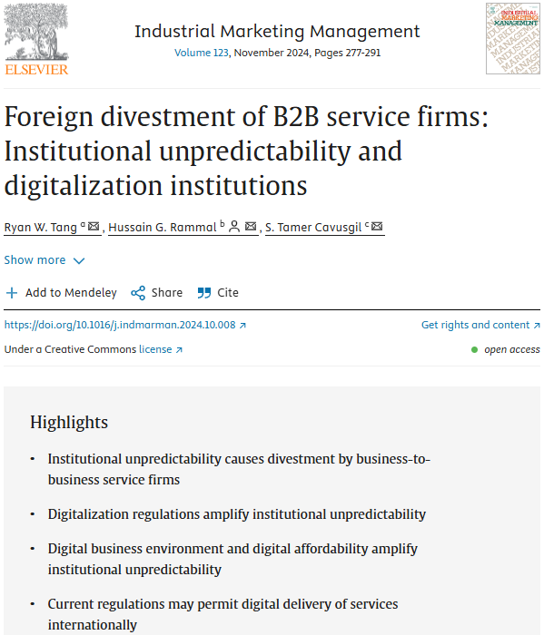 Ryan_W_Tang's tweet photo. How do institutions shape and facilitate business across conventional and digital marketplaces? Our latest paper tackles this question. Grateful to Professors @HussainRammal, @TamerCavusgil, &amp;
@MattRaskovicNZ.
#foreigndivestment #institutions

https://t.co/p2229IE11Z https://t.co/ItbY2GKDtU