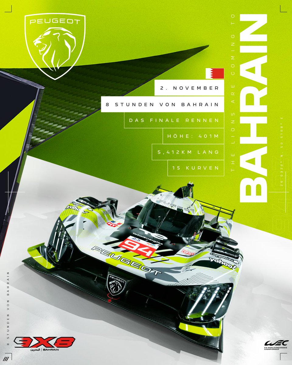 Es ist Zeit für das letzte Rennen dieser FIA WEC-Saison 2024, die 8 Stunden von Bahrain. Was war bisher dein Lieblingsmoment? #Peugeot9X8#AllureBornToRace #8HBahrain

 #Peugeot9X8 #AllureBornToRace #8HBahrain