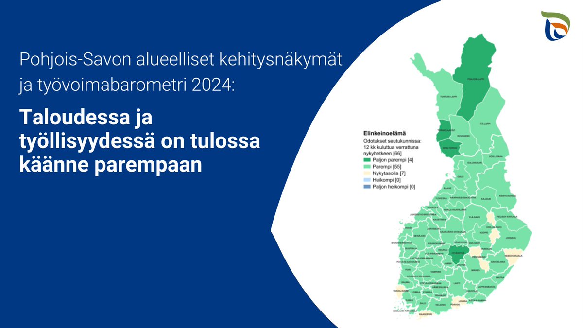 Pohjois-Savon alueelliset kehitysnäkymät ja työvoimabarometri syksyllä 2024: Taloudessa ja työllisyydessä on tulossa käänne parempaan. 

Elinkeinoelämän näkymät antavat aihetta varovaiseen optimismiin, vaikka edessä on edelleen monia haasteita. 

Tiedote: sttinfo.fi/tiedote/706224…