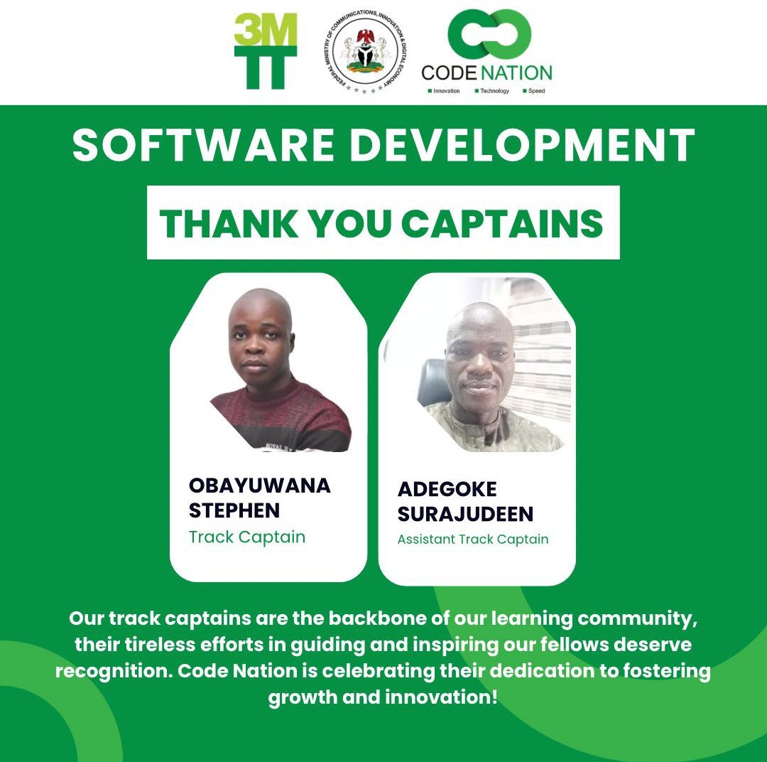 It’s been a busy month balancing exams and my role as track captain..

I want to thank <a href="/codenationhq/">Code Nation</a> for trusting me as track captain in the #SoftwareDevelopment learning track..

It has been a great experience, allowing me to learn, lead, and grow alongside great individuals..