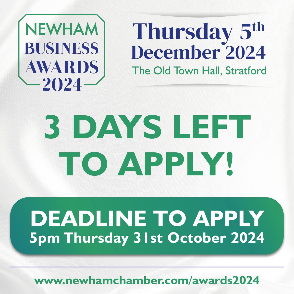newhamchamber's tweet photo. Newham Business Awards 2024

The final countdown has begun. Only 3 Days left to apply

Don't forget the DEADLINE for applications is 31 October.

https://t.co/wzAmxmddOK

#NBA24 #NewhamBusinessAwards #Newham #EastLondon #Business #Awards https://t.co/y8F1pfxBSU