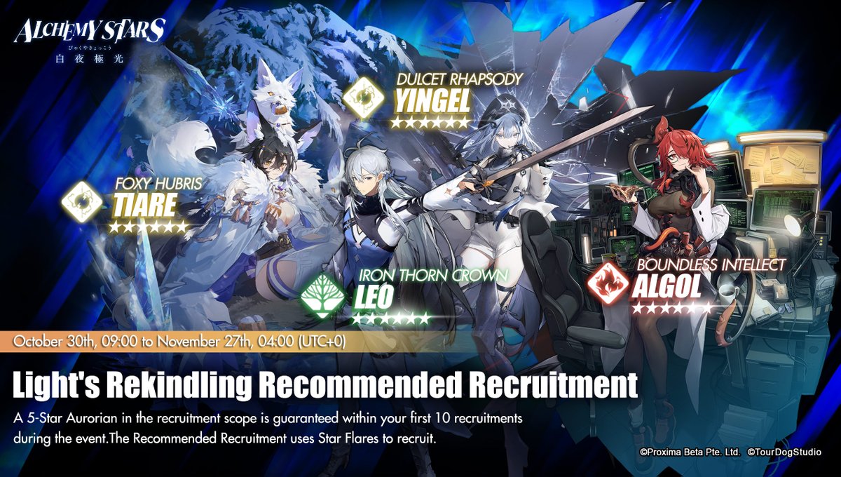 AlchemyStarsEN's tweet image. Light's Rekindling Recommended Recruitment
For the Light's Rekindling Recommended Recruitment, the only 6-star Aurorians that can be recruited are Tiare, Algol, Leo, and Yingel.
Oct 30, 09:00 to Nov 27, 04:00 (UTC+0)
#AlchemyStars