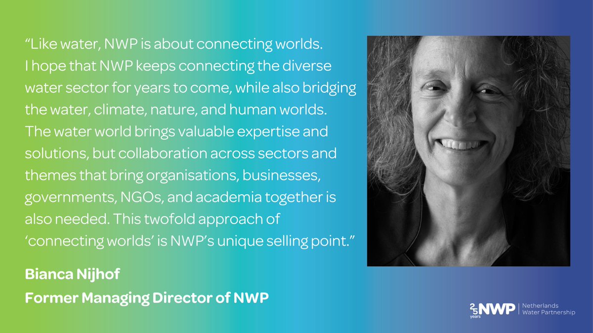 On #25YearsNWP, @BiancaNijhof, NWP's former Managing Director reflects on 🔑 moments during her tenure, including a digital switch during #COVID19, an org. change leading to the #WaterDrivenFuture motto &amp; advancements in the Water-Energy-Food Nexus.
ℹ️ netherlandswaterpartnership.com/milestones-and…