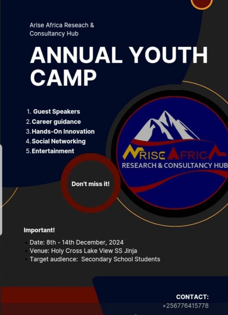 AAFRCH7's tweet photo. Unleash the learning, unleash the fun, camp vibes and unforgettable memories in December 8th to 14th at Holy cross Lake View SSS in Jinja 
#Campvibes
#AriseAfricaAnnualYouthCamp
#Leveragingopportunitiesusingtechnology
#AAFRCH
#Creatingvibrantcommunities https://t.co/GRg82i3BmZ