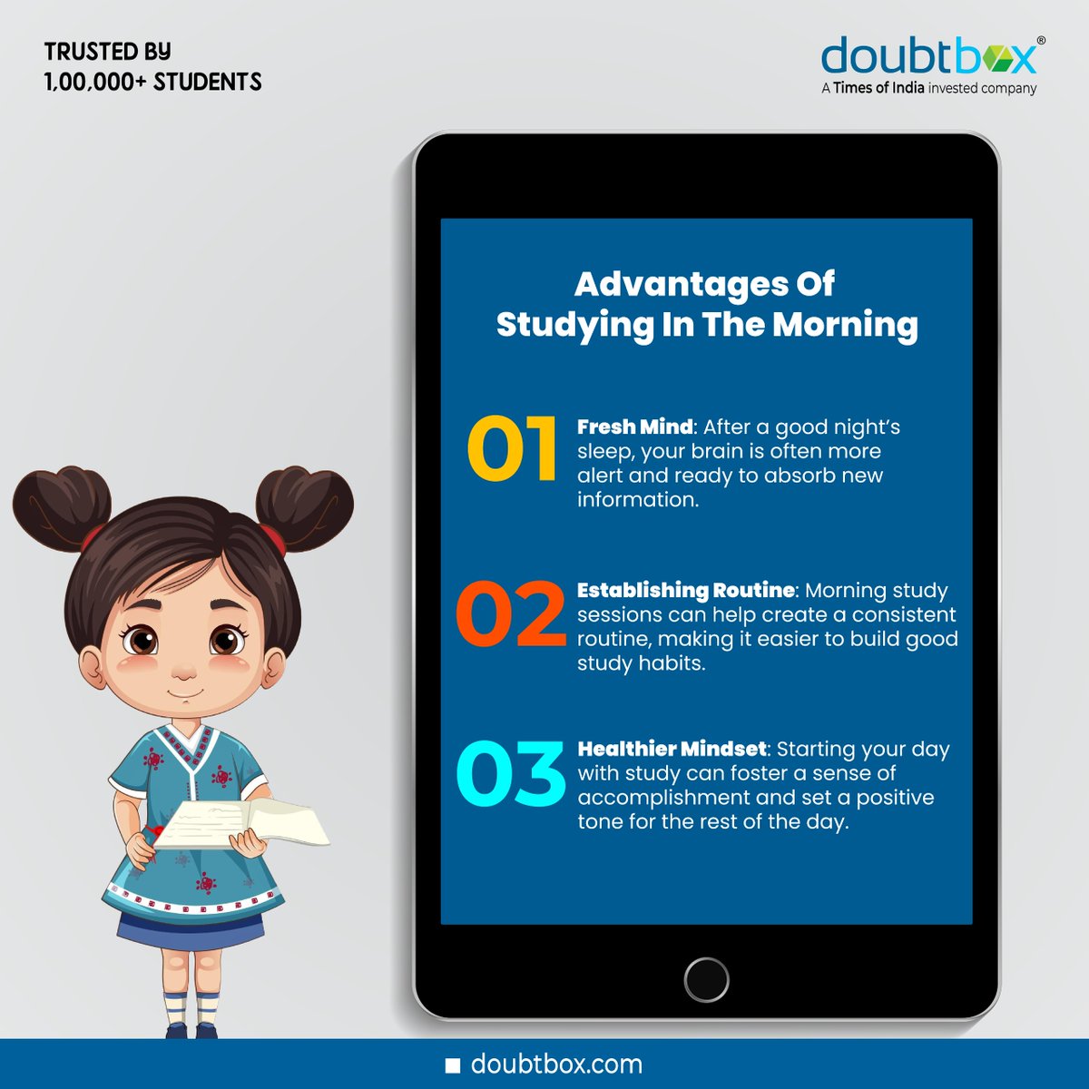 Doubtbox's tweet image. Studying in the morning takes advantage of your brain&apos;s best focus, helping you remember more. Use the quiet time to boost your productivity and start your day on a positive level.
.
.
#doubtbox #onlinetuition #OnlineTuitionClasses #ExpertTeachers #studyinthemorning