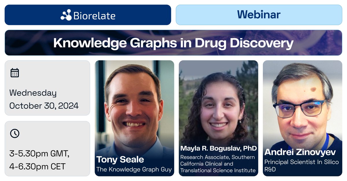A unique opportunity to participate in a forum for #bioinformatics and data scientists from around the world. Leading #knowledgegraph #drugdiscovery experts will share their case studies, followed by a Q&amp;A and panel discussion. Register &gt;&gt; lnkd.in/eQ2m_G_m