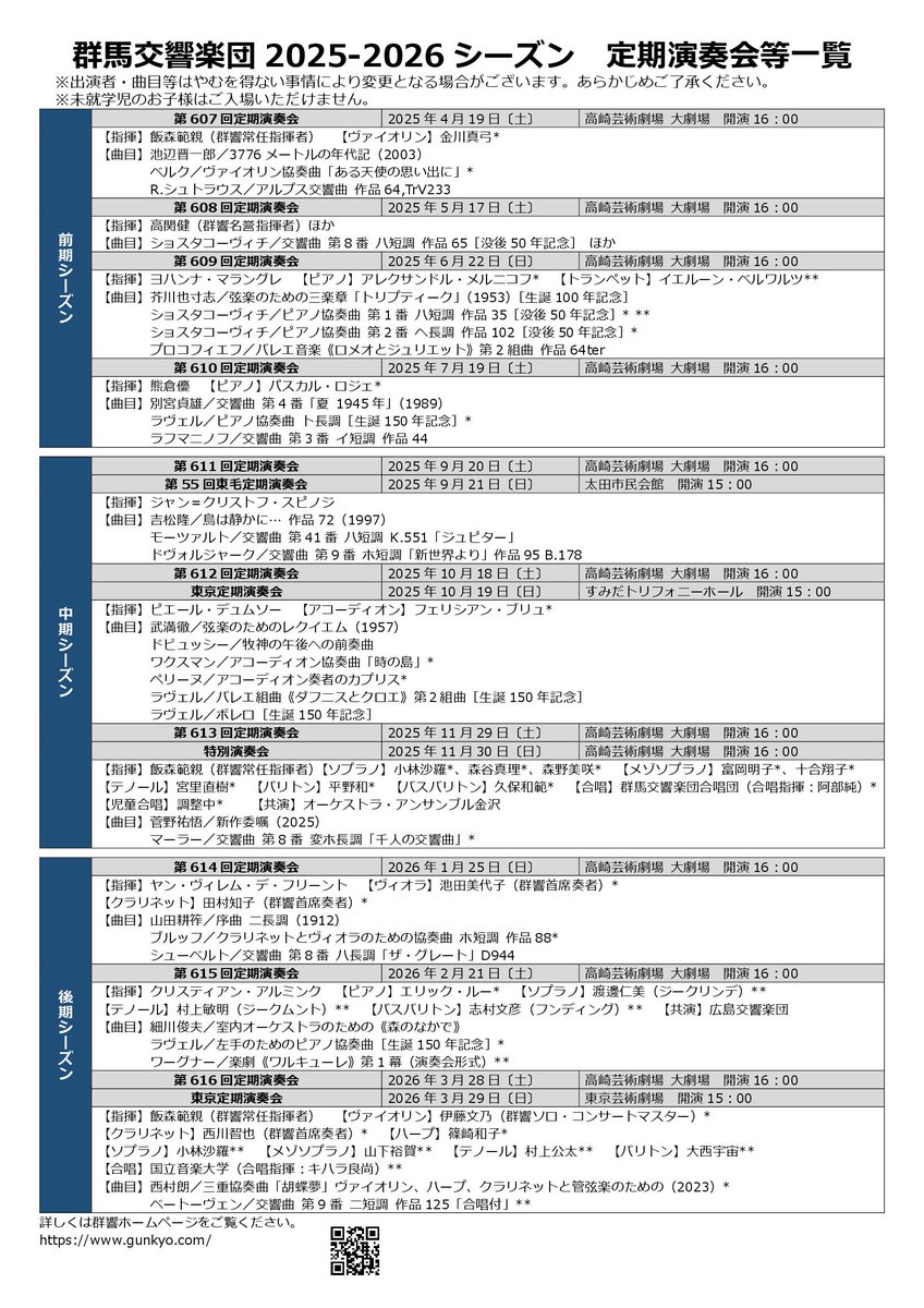 ／
2025-2026 群馬交響楽団
定期演奏会プログラム発表📢
＼

2025-2026年シーズン定期演奏会プログラムを発表いたします。 次年度の年間・前期シーズン会員の申込み詳細は以下のとおりです。  

＜受付開始日時＞ 12月16日（月）10：00より

詳しくはこちら👇
gunkyo.com/information/14…