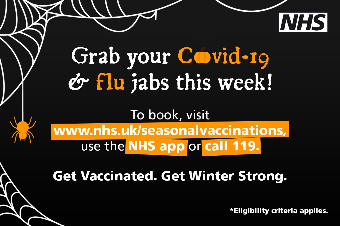 Grab your COVID-19 and flu vaccines this week and #GetWinterStrong.

If eligible, book your appointment, visit ow.ly/qt2v50TTbjE, use the NHS app or call 119.

#GetVaccinated