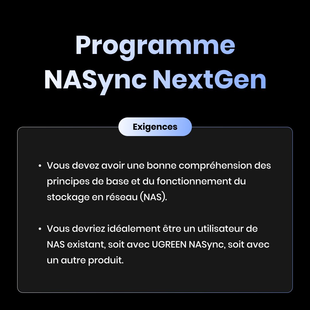 UgreenFR's tweet photo. Rejoignez le programme testeurs UGREEN NASync NextGen !  😍Obtenez une chance de tester UGREEN NASync gratuitement ! #testeur 

L'équipe UGREEN NASync se concentre continuellement sur l'amélioration de l'expérience utilisateur de notre série de produits NASync. Dans le cadre de cet effort, nous vous invitons à participer à notre programme NASync NextGen.😎

Comment s'inscrire ?

Pour en savoir plus 👉 https://t.co/lwHx9DxiRN

1. Remplissez le questionnaire .
2. Attendez la confirmation. Vous serez informé par e-mail avant le 11 novembre 2024.
3. Inscrivez-vous rapidement, car les places sont limitées. 

Nous espérons que vous pourrez rejoindre notre groupe exclusif !

Exigences :

● Vous devez avoir une bonne compréhension des principes de base et du fonctionnement du stockage en réseau (NAS).
● Vous devez idéalement être un utilisateur NAS existant, que ce soit avec UGREEN NASync ou un autre produit.

**Remarque : la version test du UGREEN NASync ne prend actuellement en charge que l'anglais.

Plus de détails dans les photos jointes à cet article.

#Ugreen #test #nassync #Tech