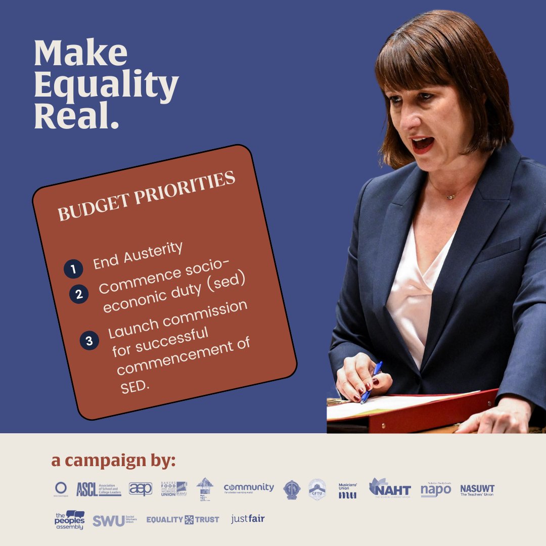 Tomorrow is historic opportunity for <a href="/RachelReevesMP/">Rachel Reeves</a>. 

A chance to #MakeEqualityReal and end #austerity.

Our demands of #AutumnBudget

1⃣ End austerity
2⃣ Commence Socio-Economic Duty
3⃣ Launch a commission

🧵See below actions &amp; resources to support our campaign. 

1/11
