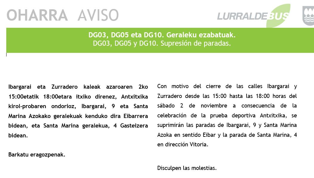 avanzaenEuskadi's tweet image. #Begara Geraleku ezabatuak / Supresión de paradas.

📆 Azaroak 2 noviembre

🚌DG03 DG05 DG10

🔹Avanza Movilidad Gipuzkoa @Lurraldebus