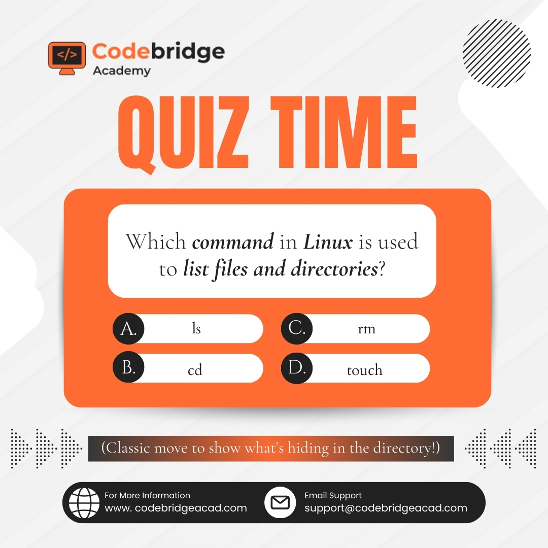 CodeBridgeAca's tweet image. Think you're a tech wizard? Let’s see how well you really know your stuff! #CodeBridge_academy #linuxtraining #CodingBootcamp #cloudcomputing #AWS #awsjobs #DevOps #cloudengineer #techsupport #devopsengineer #TechCareers #ITTraining #Oklahoma #CyberSecurity