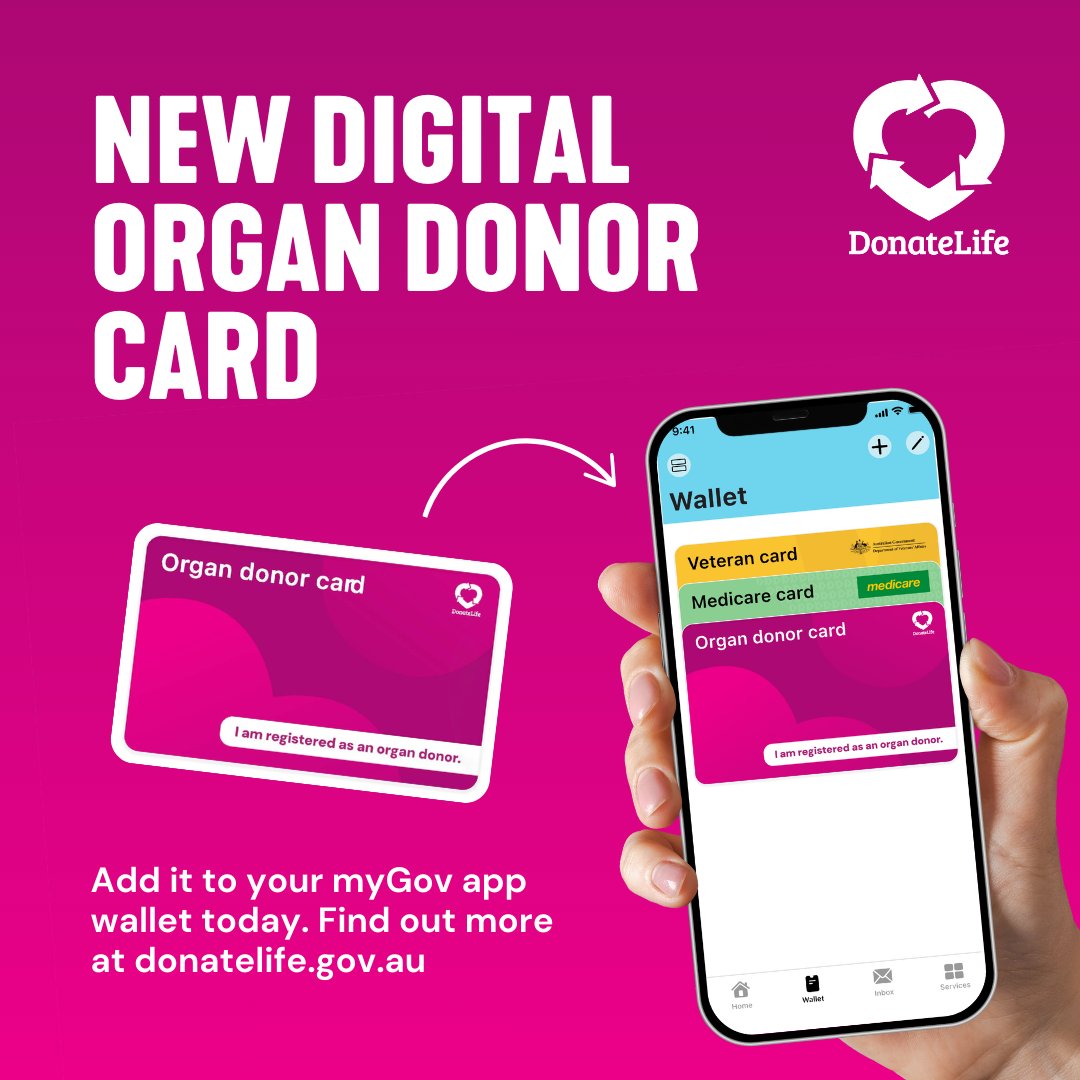 DonateLife π (@donatelifetoday) on Twitter photo You can now add a digital version of your organ donor card to your <a href="/myGovau/">myGov</a> app wallet. Donor cards are a great way to show youβre registered. Find out how to add your donor card to the wallet here: donatelife.gov.au/news-events/neβ¦ You can now add a digital version of your organ donor card to your <a href="/myGovau/">myGov</a> app wallet. Donor cards are a great way to show youβre registered. Find out how to add your donor card to the wallet here: donatelife.gov.au/news-events/neβ¦