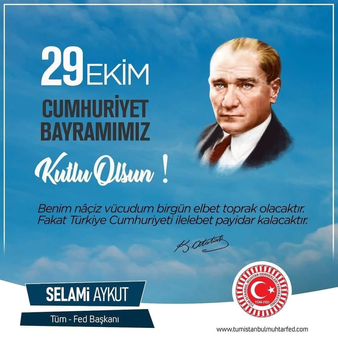 Cumhuriyetimizin 101. yili kutlu olsun🇹🇷

Cumhuriyetimizin 101.kuruluş yıl dönümü olan bu çok önemli günde, Cumhuriyetimizin kurucusu Büyük Önder Mustafa Kemal Atatürk’ü, Kahraman silah arkadaşlarını ve aziz şehitlerimizi ve gazilerimizi şükran, minnet ve rahmetle anıyorum.” 🇹🇷
