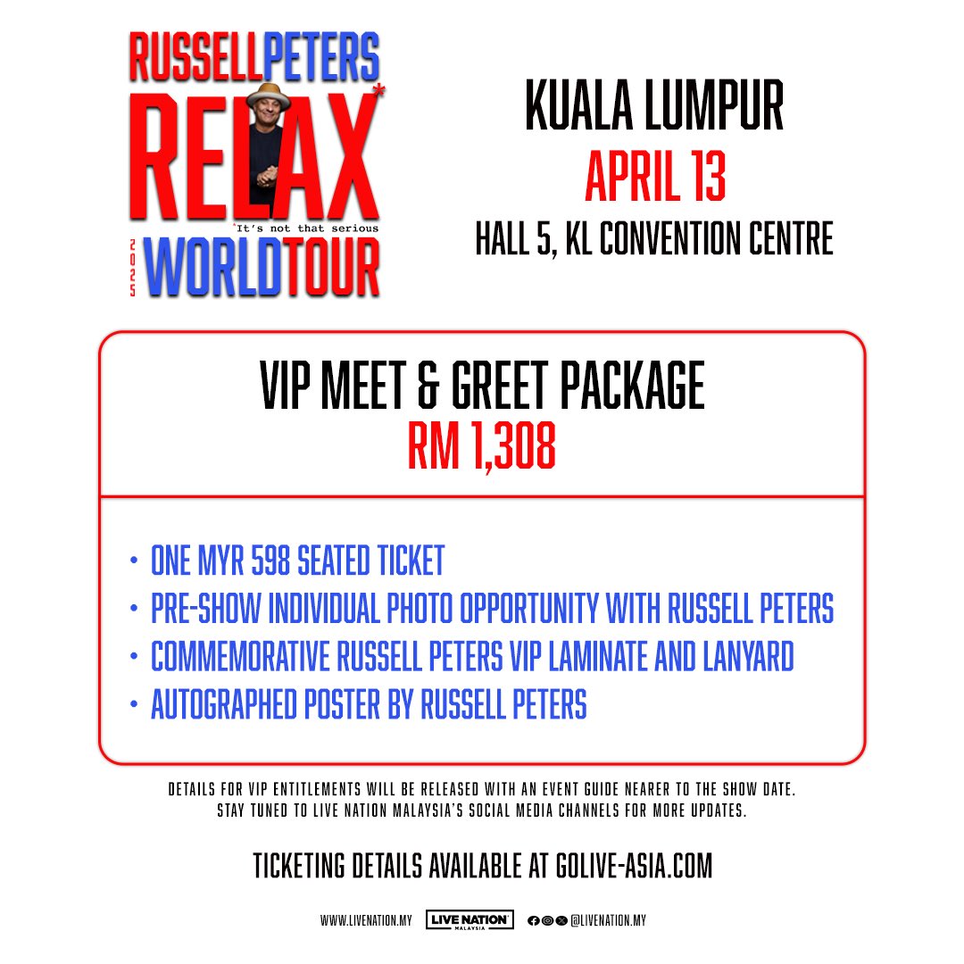 aishahkim_07's tweet image. :¨ ·.· ¨:
 `· . ꔫ Ticketing Service ✩°｡⋆🎫
                  ↳ #ts_aishahkim ✩

RUSSELL PETERS RELAX WORLD TOUR in KUALA LUMPUR

🫧 Service Charge: RM15/slot
🫧 Fully refundable if tickets can't be secured

💌 DM to book

#RussellPeters #RelaxWorldTour #RussellPetersinKL