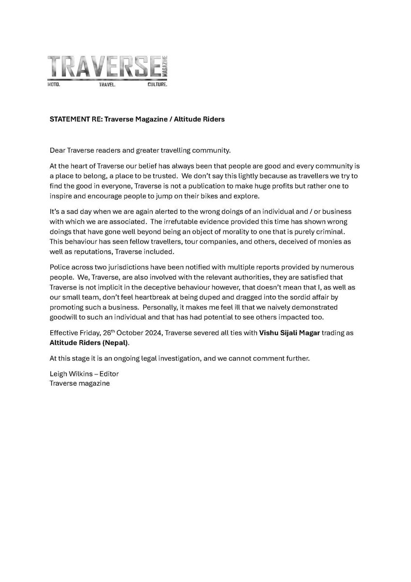 STATEMENT RE: Traverse Magazine / Altitude Riders