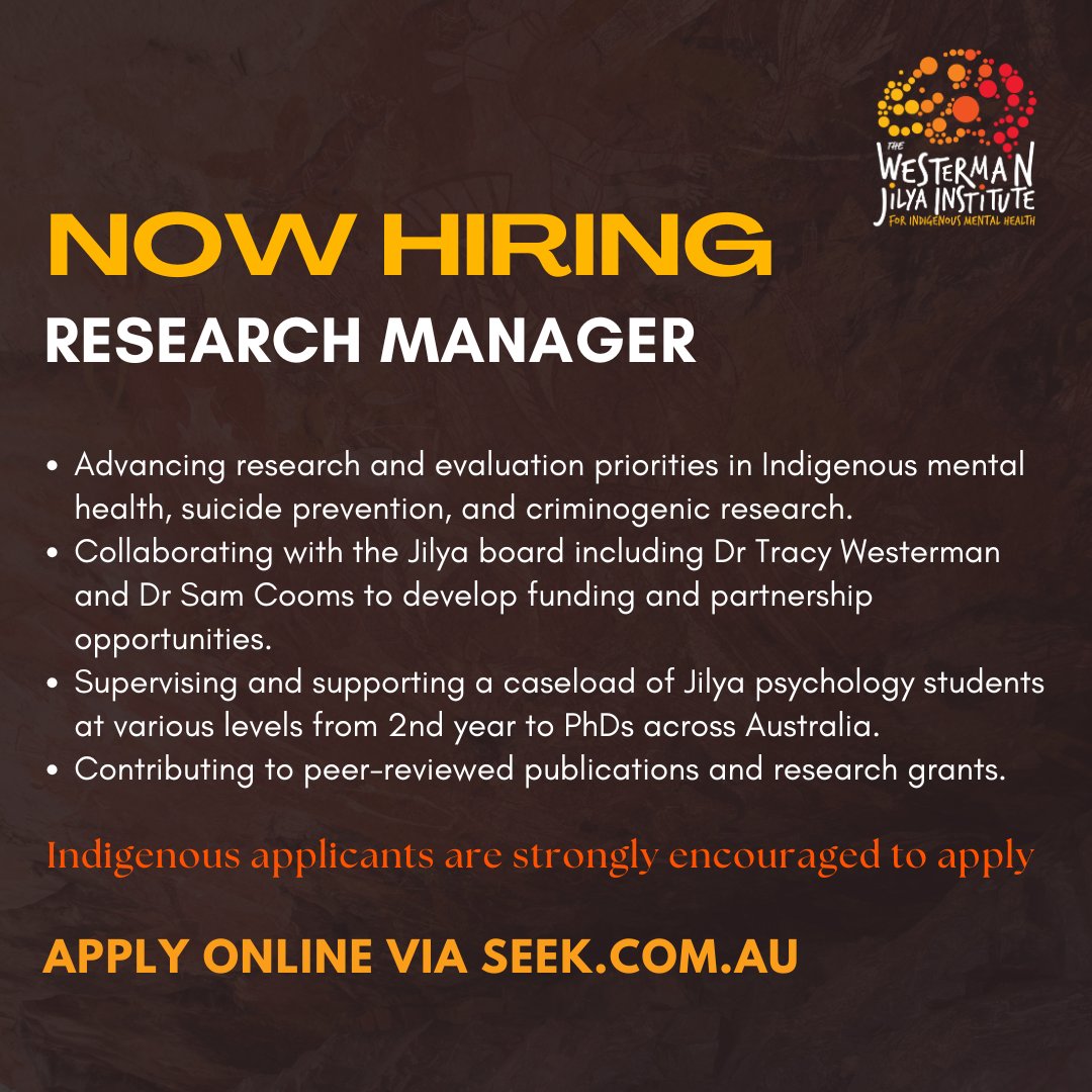 NOW HIRING: Jilya Research Manager

We are looking for a qualified candidate to be part of our dynamic research arm.

MORE INFO / APPLY NOW ➡️ seek.com.au/job/79753022

Indigenous applicants are strongly encouraged to apply.