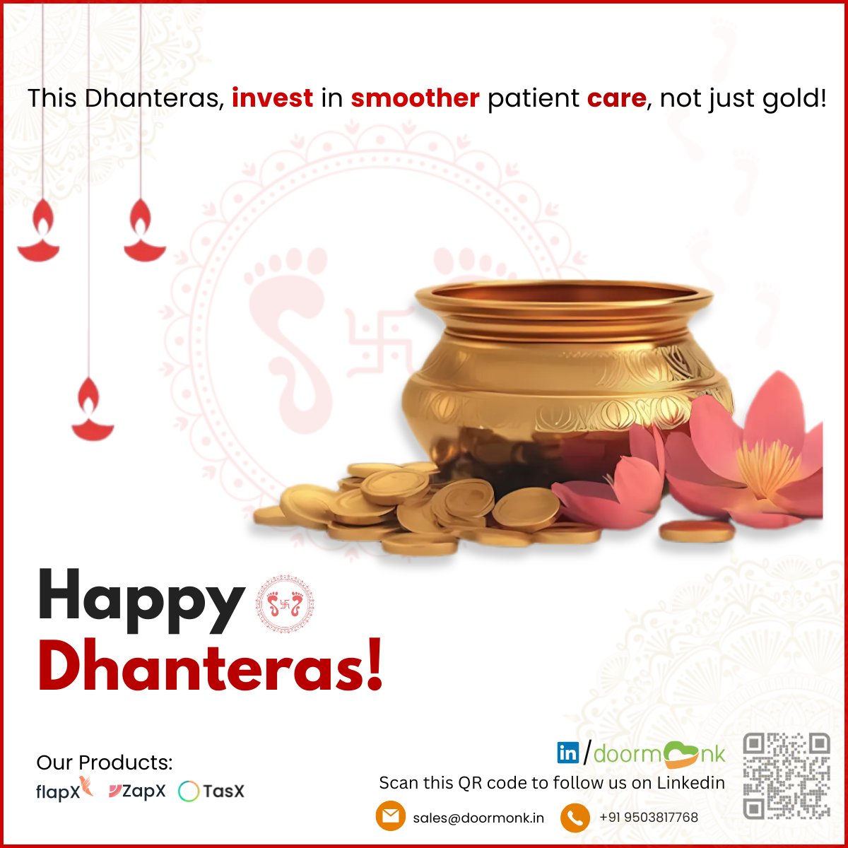 door_monk's tweet photo. This Dhanteras, make every second count – for patients and prosperity!
With flapX, ensure timely care and seamless patient management, just like gold ensures prosperity.
#Dhanteras2024 #lakshmi #Hospital #AI #ML #doormonk https://t.co/diNwHNZ3sz