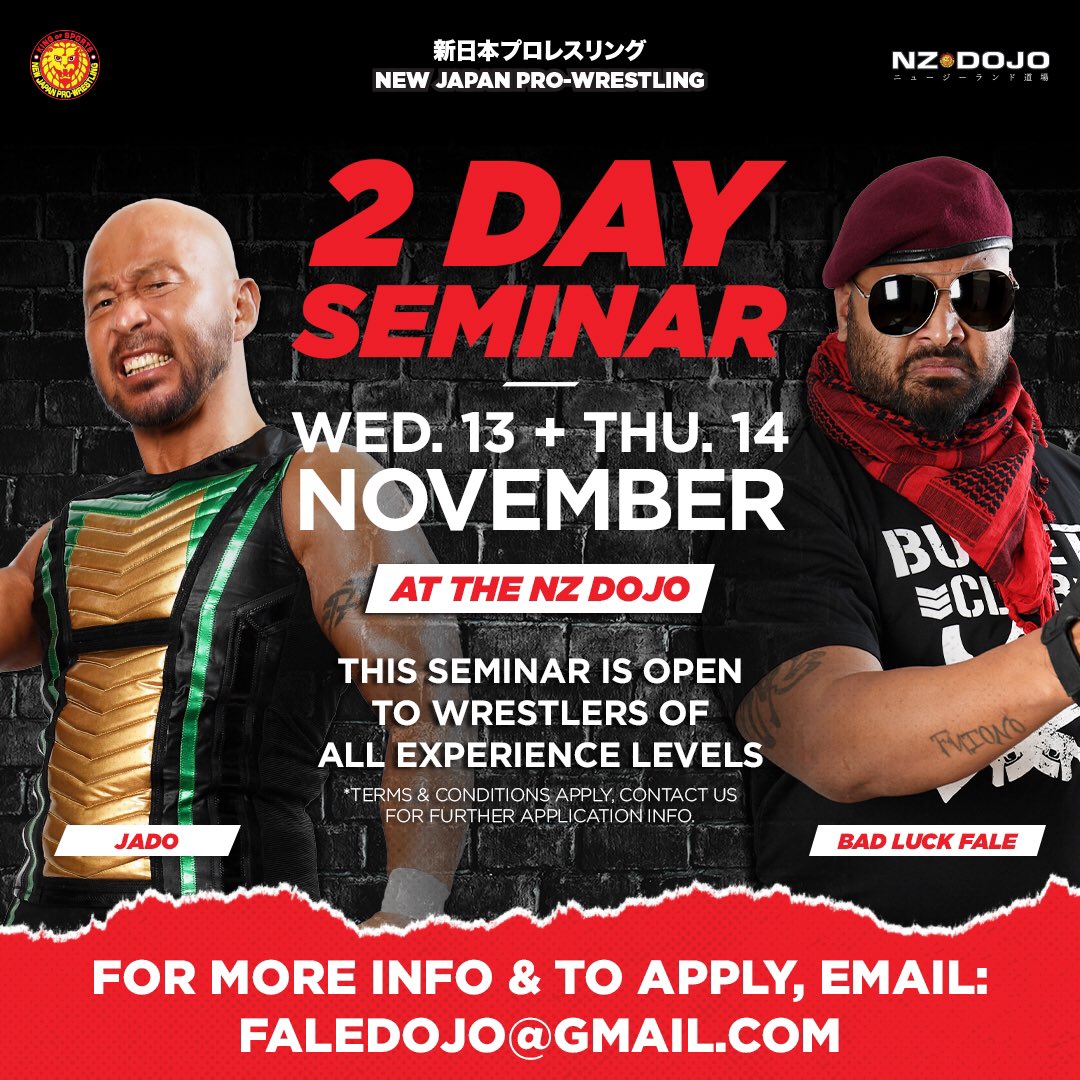 NJTamashii's tweet photo. 🚨 NJPW SEMINAR AT THE NZ DOJO 🚨
Open to wrestlers of all experience will be a two night NJPW seminar in #Auckland lead by Jado and Bad Luck Fale.
For full details and to apply, email: faledojo@gmail.com
#njpw #njpwTAMASHII #prowrestling #faledojo https://t.co/vroRFyJ69T