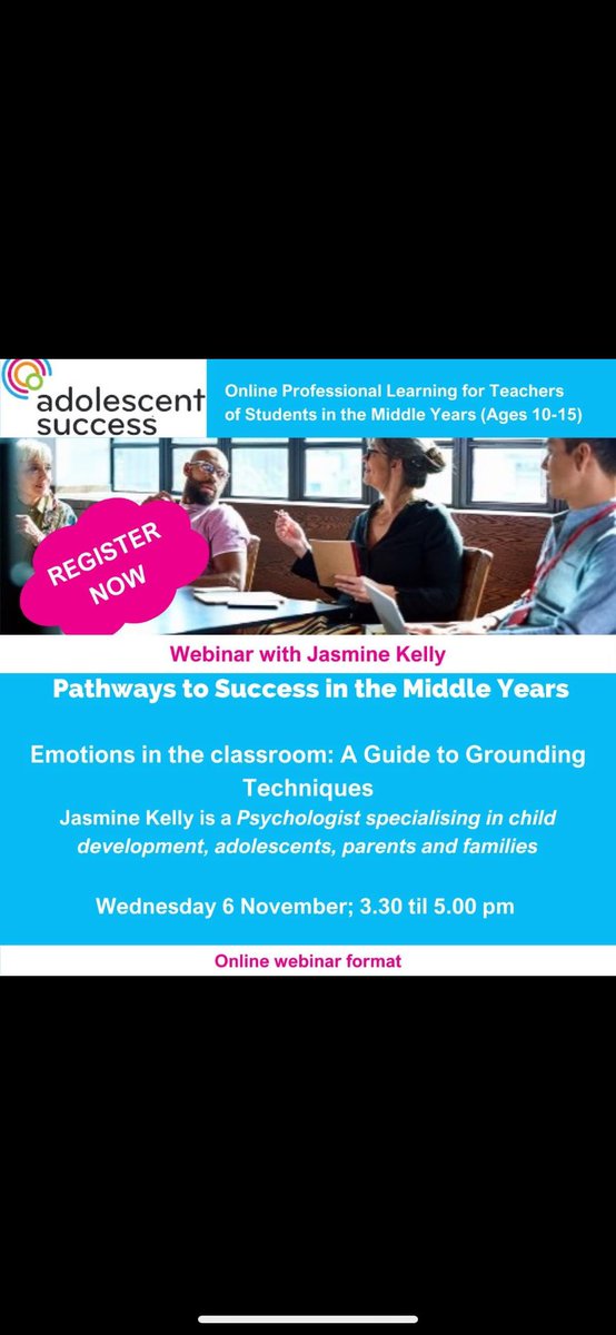 Register now for this webinar.
Jasmine Kelly is a registered psychologist who has developed a specialization in youth and adolescent mental health and well-being.
#middleyears #wellbeing #adolescents 
adolescentsuccess.org.au/event-5824372