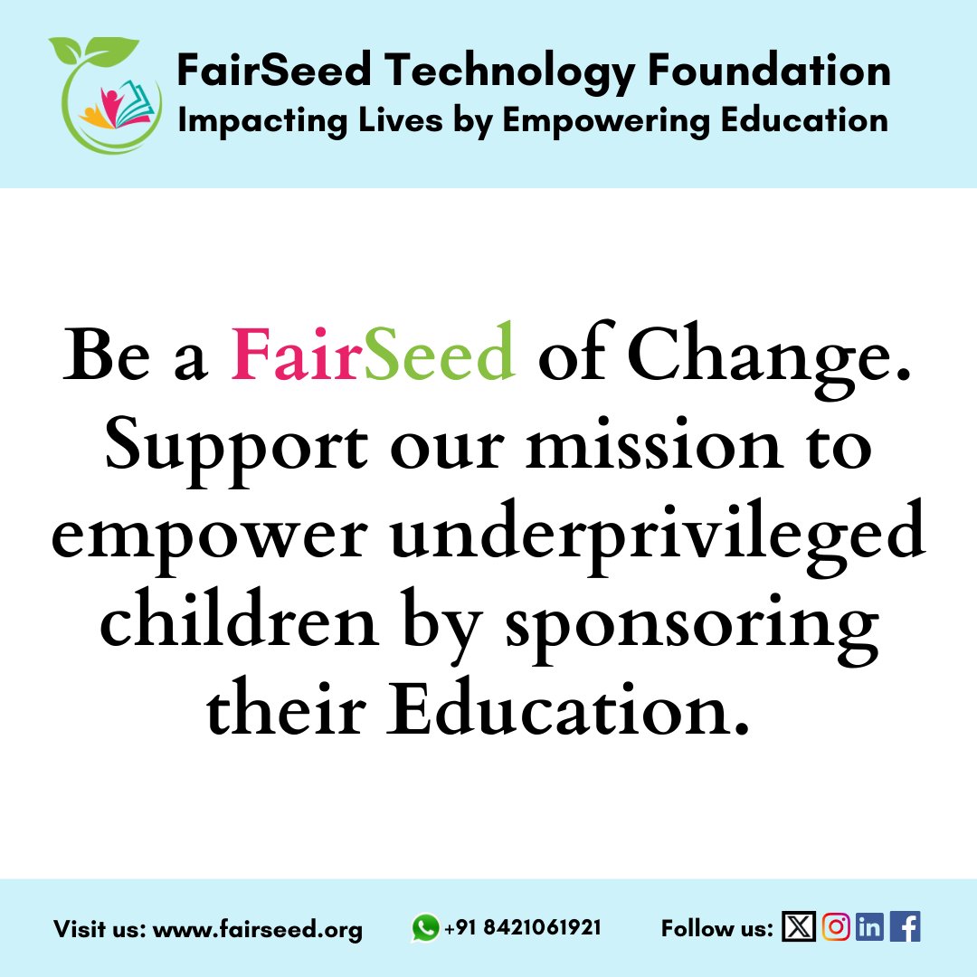 Become a FairSeed of Change! 🌱 Join us in empowering underprivileged children by sponsoring their Education. Together, we can plant the seeds for a brighter future. 🌟📚

 #FairSeed #EmpowerEducation #SupportForChange