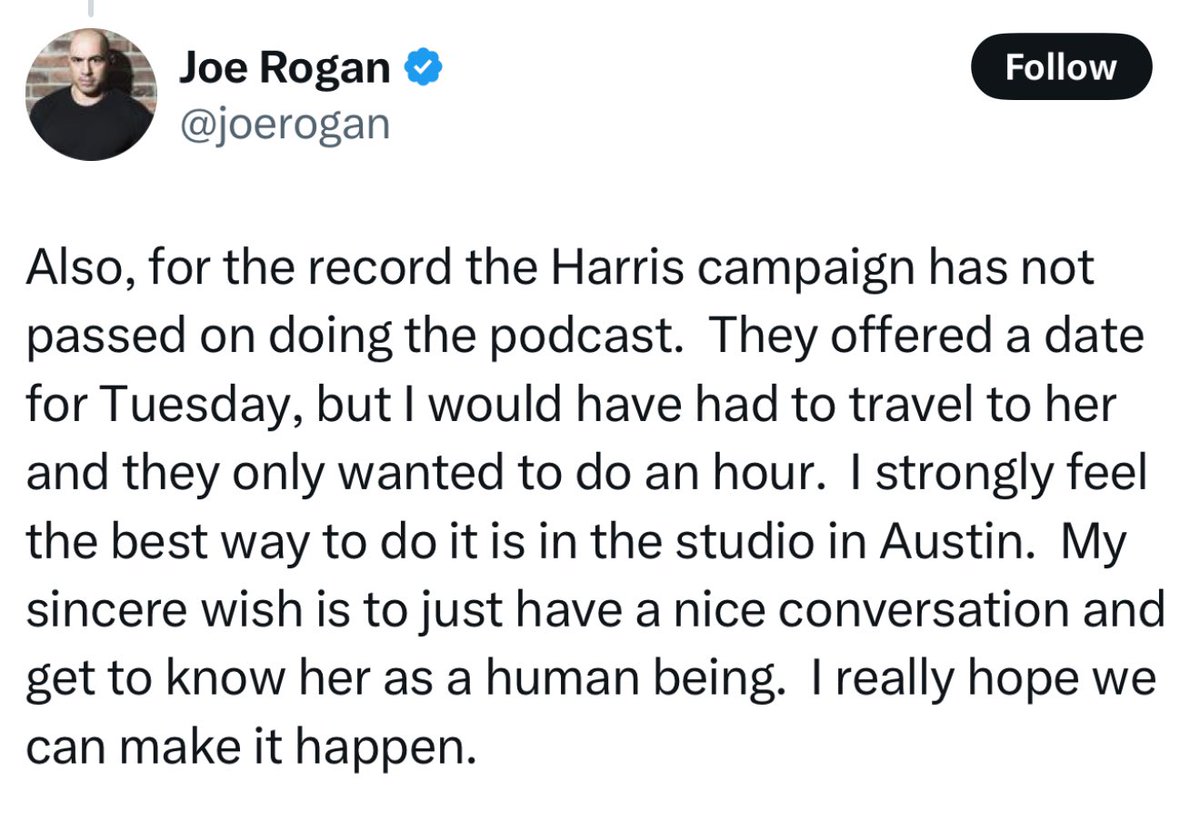 RobertMSterling's tweet image. Joe Rogan won’t have Kamala Harris on his show unless she comes to his studio and sits for a 2-3 hour full interview (like Trump did).

We’ve entered the era in which podcast hosts have more power than a sitting vice president. Thanks to a free and uncensored internet, the…