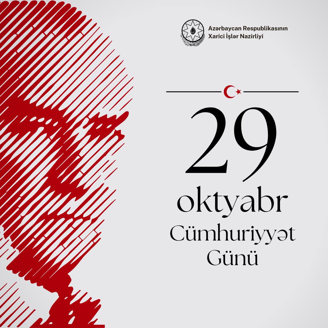 29 oktyabr - müttəfiq Türkiyə Respublikasının Cümhuriyyət Günündə qardaş ölkəmizin əsasının qoyulmasının 101-ci ildönümünü qeyd edirik.

Bu möhtərəm gündə, Türkiyə Respublikasının banisi dahi Mustafa Kamal Atatürkün, Türkiyə Respublikasının yaradılması naminə aparılan mübarizədə