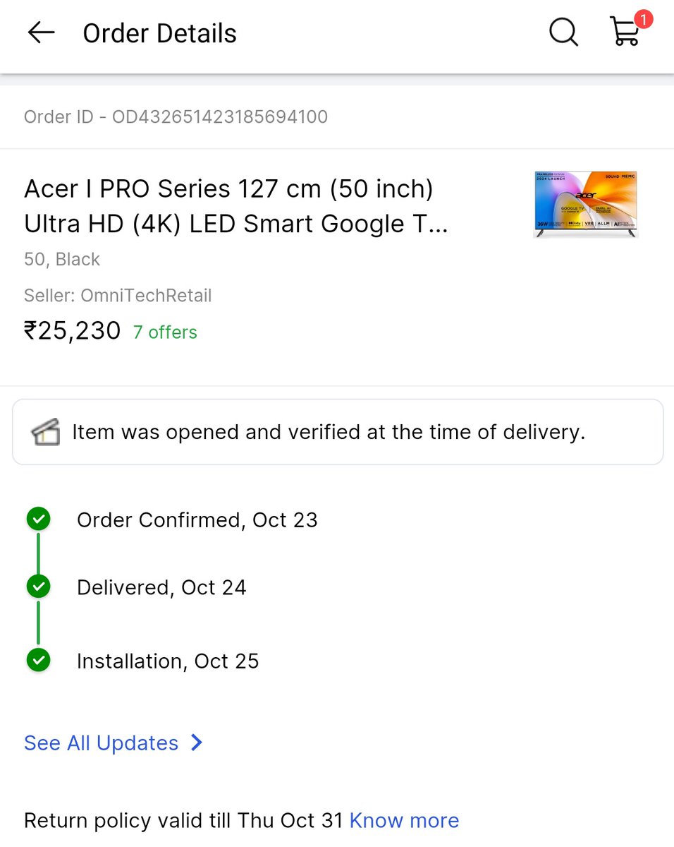 Animesh1901's tweet photo. @Flipkart @flipkartsupport  @Acer @Acer_India 
I ordered Acer smart google tv on 23rd oct and it's delivered to me on 24th oct
And the installation date is 25th oct ,but still it's not installed yet , also it's showing installation completed , what's wrong with this , please help https://t.co/ZS0BW5VGd8
