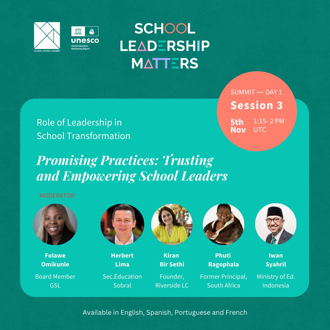 🚀Join this session as #schoolleaders join #policymakers to discuss how empowering school leaders can enhance learning and build greater trust between schools and governments.

🗓️ 5th Nov 2024, 1:15 - 2:15 PM UTC
🔗bit.ly/slmsummit24

#SchoolLeadershipMattersSummit2024